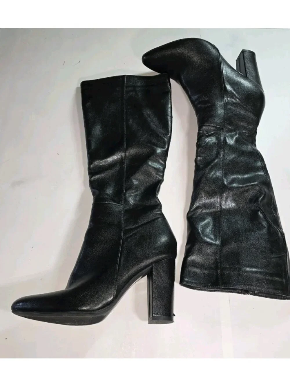 BLACK FAUX LEATHER KNEE-HIGH DRESS BOOTS w/BLOCK HEELS, SIDE ZIPPERS - 9